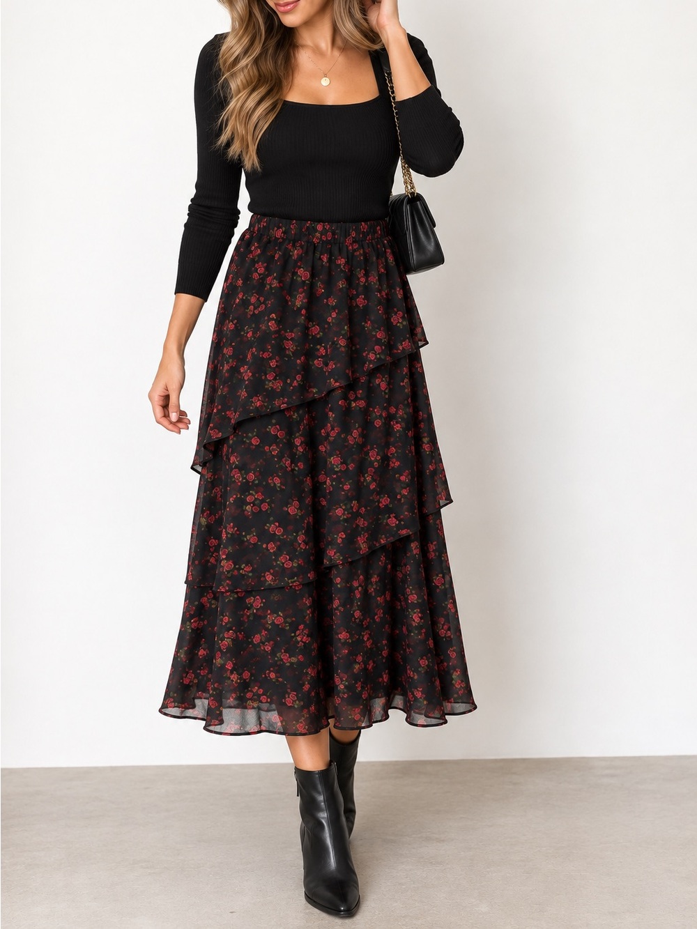 Michael Kors flowy skirt, floral print, black and red, Women's size  Small euc